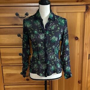 INC International Concepts Navy Button-Up Blouse with Green Leaf Print